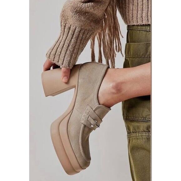 Free People Shoes - Free People Double Stacked Platform Loafers Tan Suede Horsebit Trim EU 40/US 10